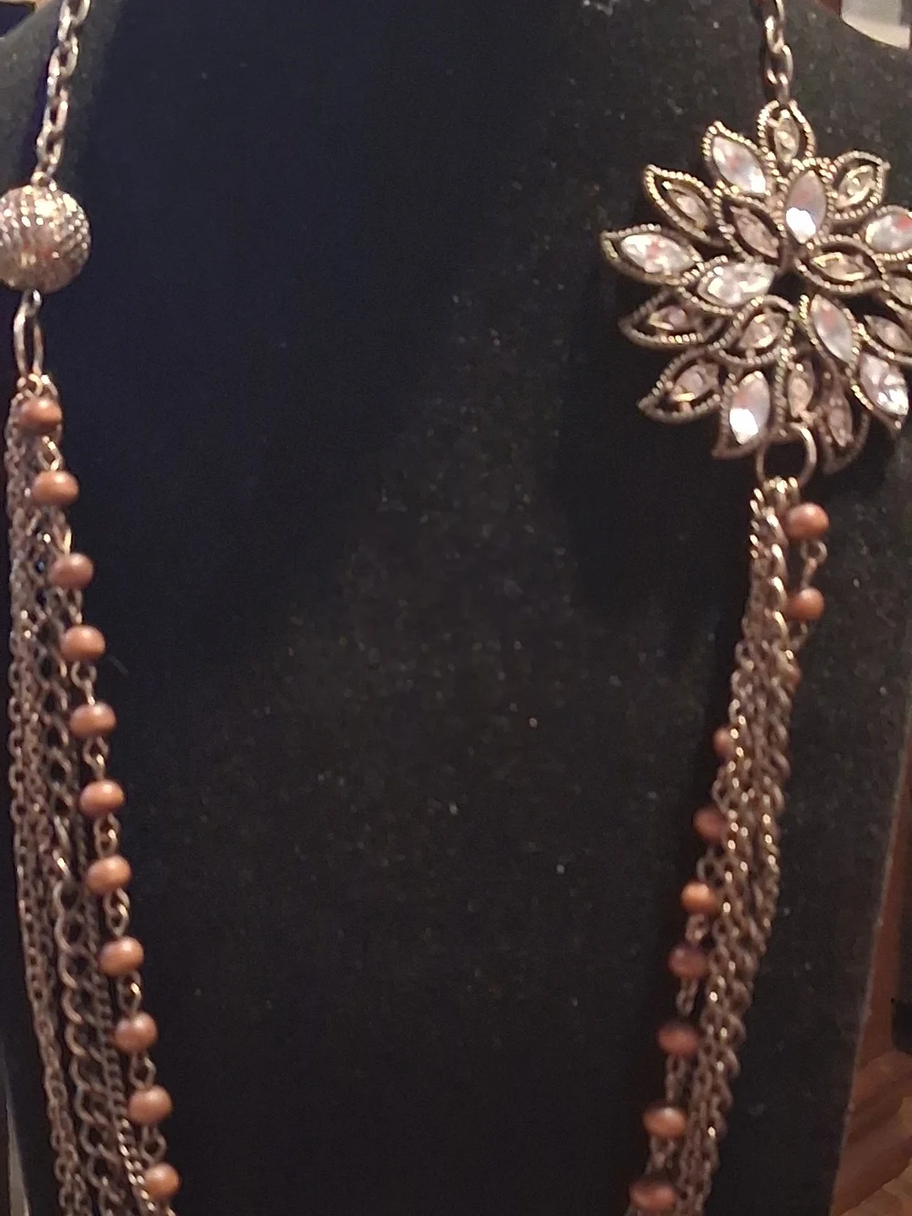 Vintage-Style Bronze Multi-Strand Necklace Rhinestone Flower 24